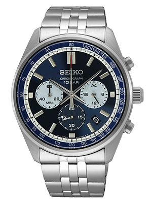 Seiko Fekete és kék számlapos kvarc férfi chronograph ezüst karóra Seiko Fekete és kék számlapos kvarc férfi chronograph ezüst karóra